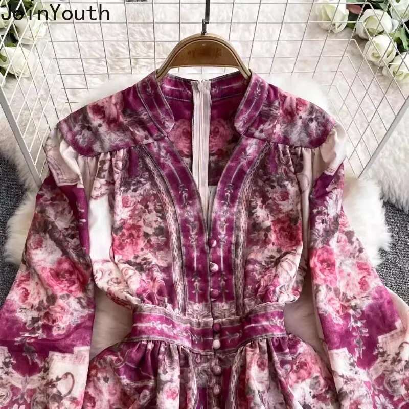 Deep V-neck Floral Dress Women Single Breasted Tunic Temperament Robe Femme 2025 Vestidos De Mujer Vintage Summer Maxi Dresses