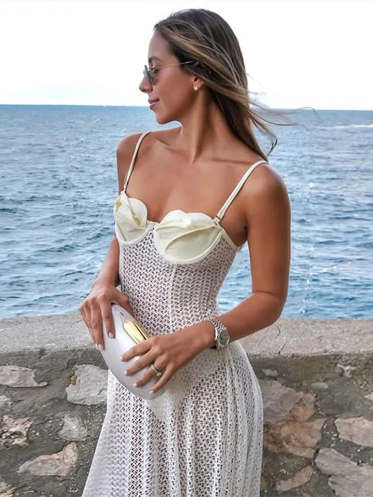 Hollow Out Knitted Patchwork Long Dress Women Spaghetti Strap See Through Backless Fashion Vacation Beach Ruffled Hem Dresses 250617