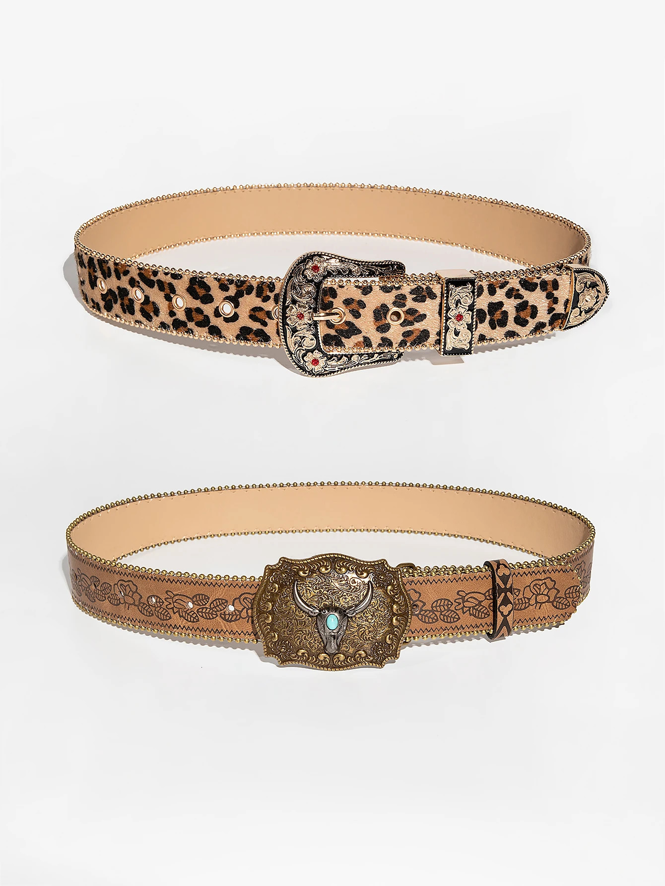 1ps Vintage Carved Gemstone Buckle Leopard Floral Embossed Pearl Edge Waist Belt For Ladies Daily Wear 250617