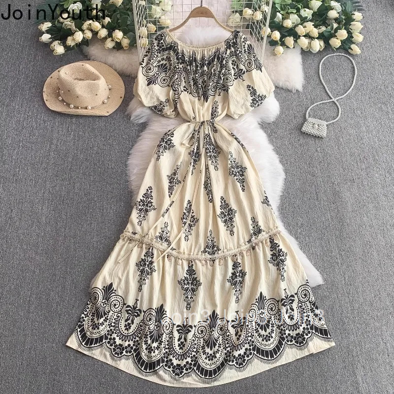 Maxi Dress Womens Clothing 2025 Vestidos De Mujer O-neck Puff Sleeve Slim Waist Robe Femme Floral Tassel Vintage Summer Dresses