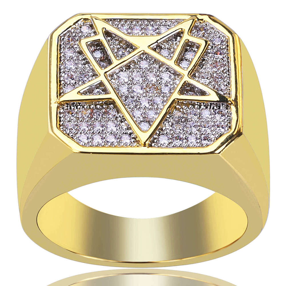 Jin Ao Hot Plated Gold Inlaid Zircon Geometric Shape Hip-Hop Men's Ring Trendy Jewelry