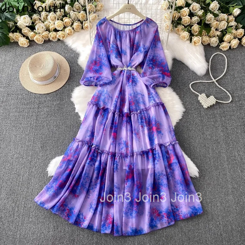 Chiffon Dress for Women Lantern Sleeve Print Summer Robe Femme Ruffles Slim Waist Big Swing Maxi Dresses 2025 Vestidos De Mujer