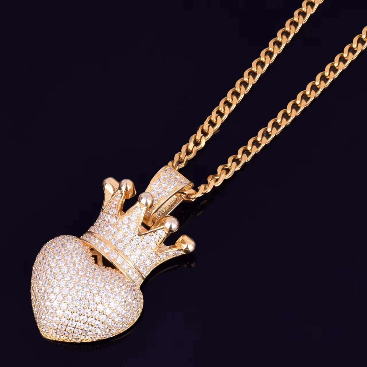 Luxury 18k Gold .925 Silver Iced Heart with Crown Pendant Hip Hop Style Moissanite Necklace Charms