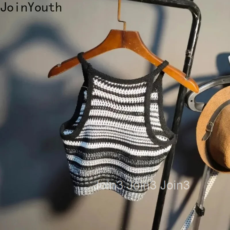 Knitting Tank Crop Top 2025 Womens Clothing Fashion Striped Summer Camis Vintage Casual Hollow Out Vest Y2k Tops Ropa Mujer