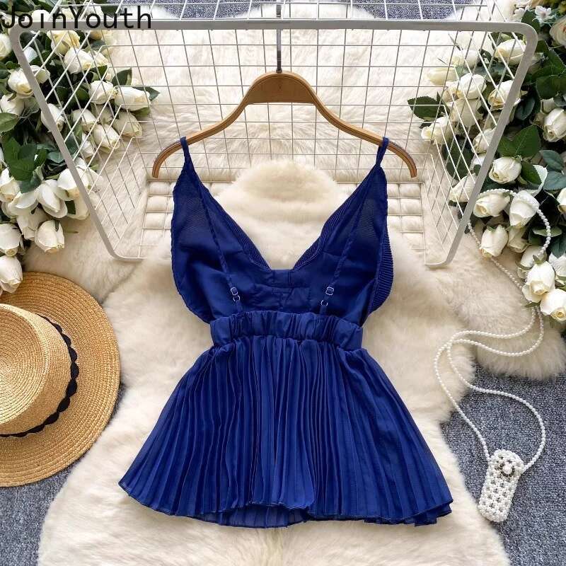 Temperament Vest Womens Clothing Slim Waist Backless Folds Tees Korean Sexy Camis Summer Heavy Diamond Pleated Tanks Ropa Mujer