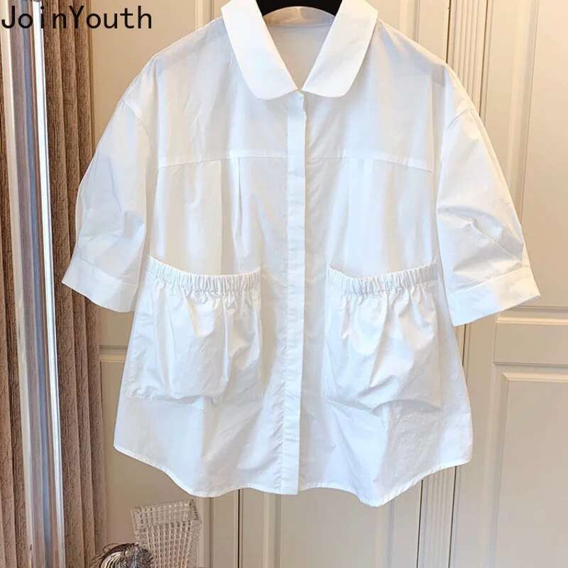 White Women Shirts 2025 Blusas Mujer De Moda Short Sleeve Pocket Vintage Blouse Loose Folds Summer Korean Blouses Tops 27p099
