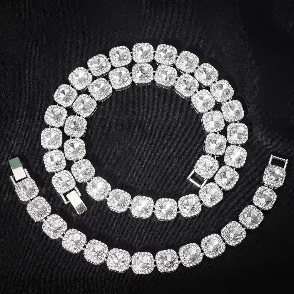 Mens Hip Hop Cuban Chain Set Fashionable Gold Silver Square Diamond Tennis Necklace Link Chain Made of Zinc Alloy