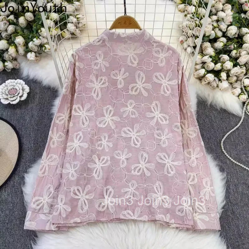 Blouses for Women Long Sleeve Heavy Diamond Embroidery Shirts 2025 Blusas Mujer De Moda Loose Vintage Fashion Korean Blouse Tops