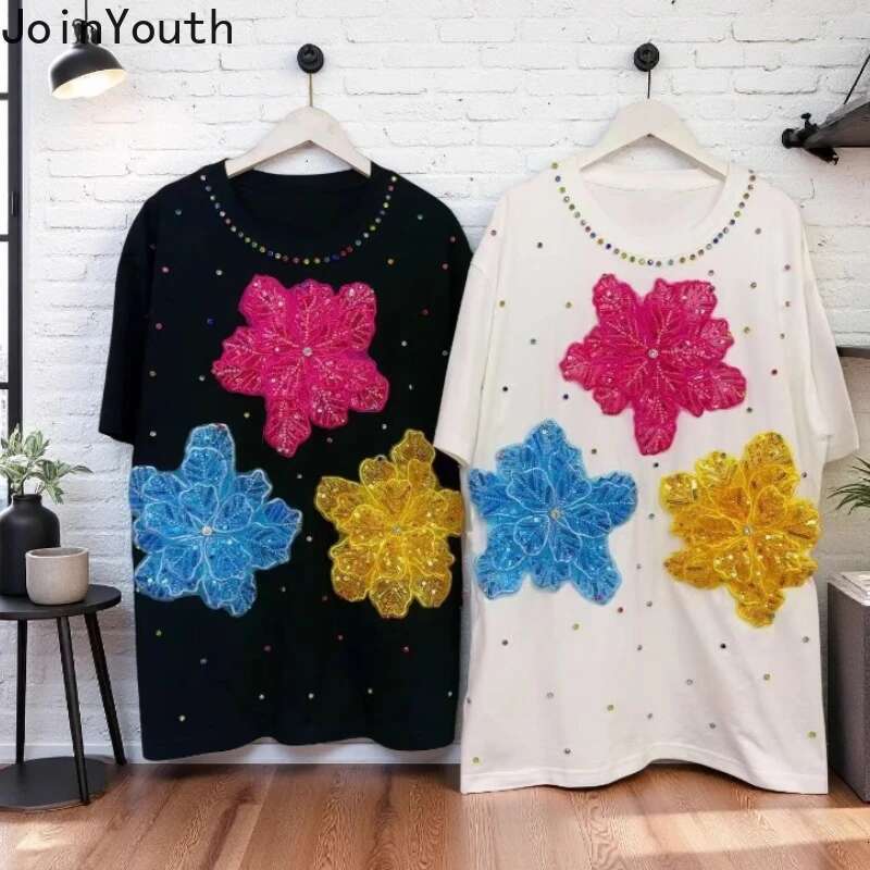 Summer Woman T Shirts Diamond 3D Floral Tees Fashion Korean Loose Camisetas 2025 Ropa Mujer Short Sleeve Casual Sweet Tshirt Top