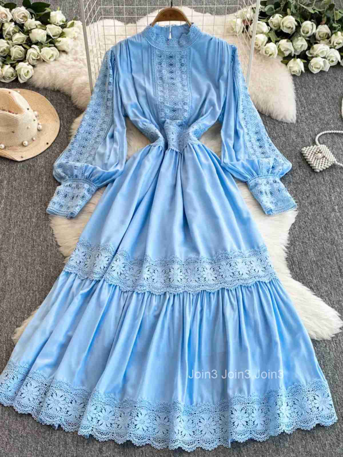 Korean Dress for Women 2025 Vestidos De Mujer Patchwork Lace Hollow Out Dresses Slim Waist Lantern Sleeve Temperament Robe Femme