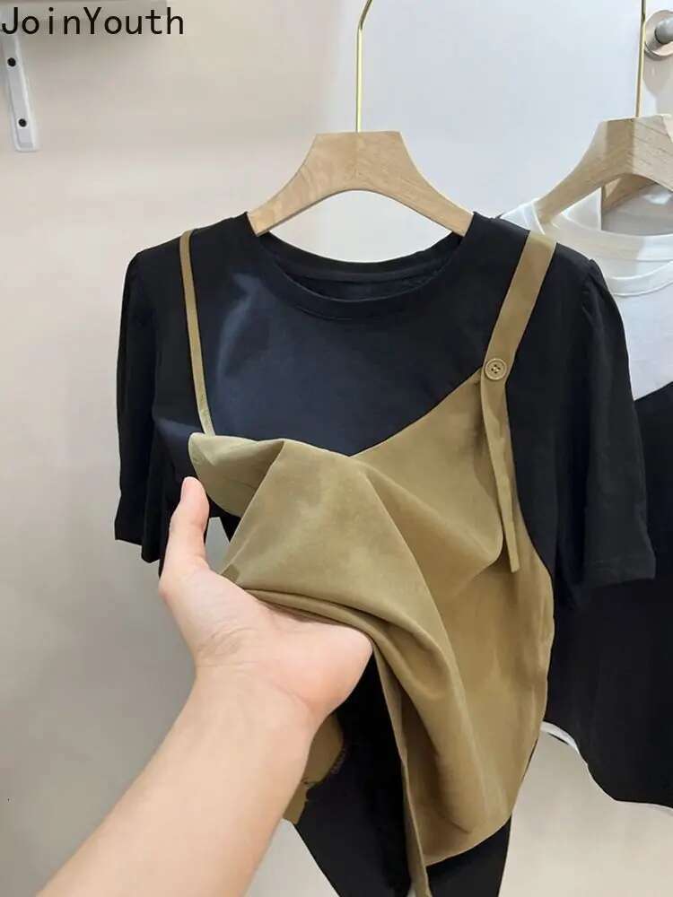 Women Clothes Oversized Woman Tshirts Patchwork Contrast Color Fake Two Tees 2025 Ropa Mujer Casual Fashion Vintage T-shirts