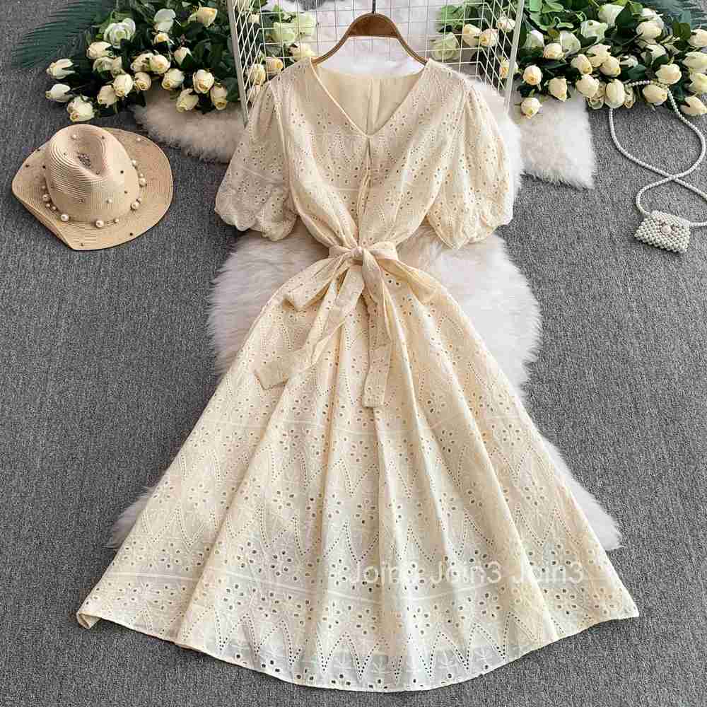 Summer Womens Dress V-neck Puff Sleeve Slim Waist Robe Femme Hollow Out Bandage Vintage White Dresses 2025 Vestidos De Mujer