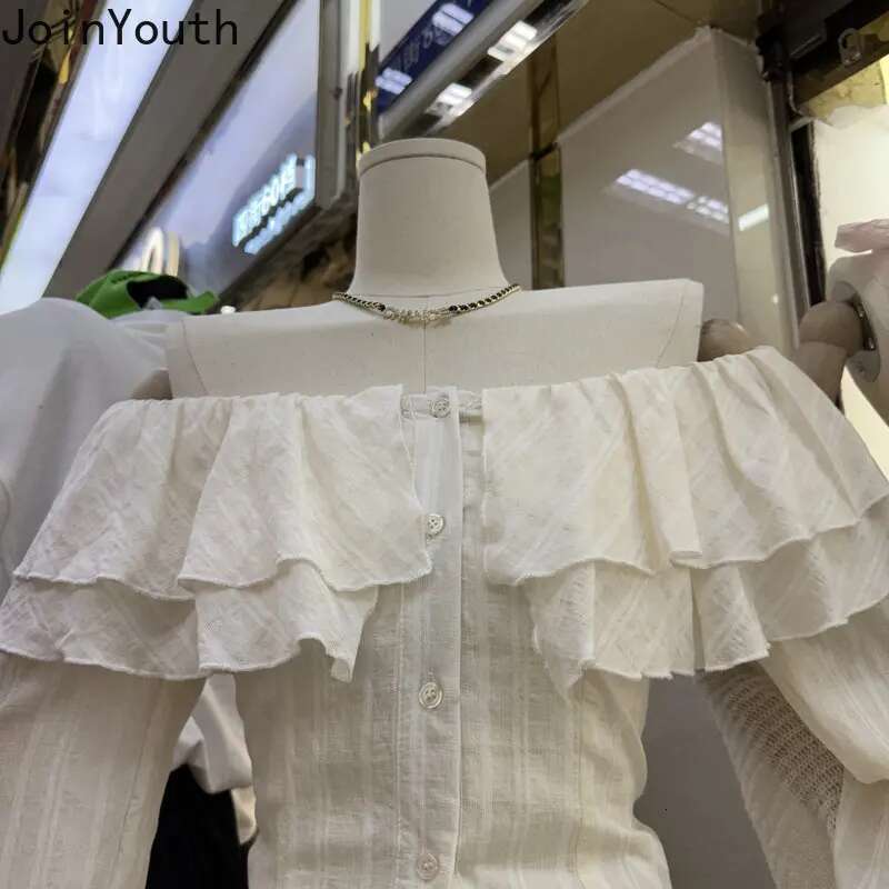 Women Shirt Slash Neck Flare Sleeve Tunic Blouse for Women Off Shoulder Ruffles Fashion Korean Blouses Tops Camisas De Mujer