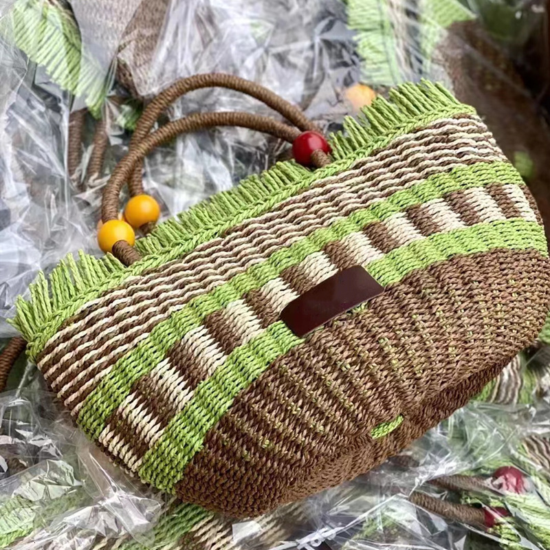 New Straw Designer Shoulder Bag Women's Free Shipping Picnic Basket Tassel Wood Bead Decoration Cute Handbag Bucket Bag Gift