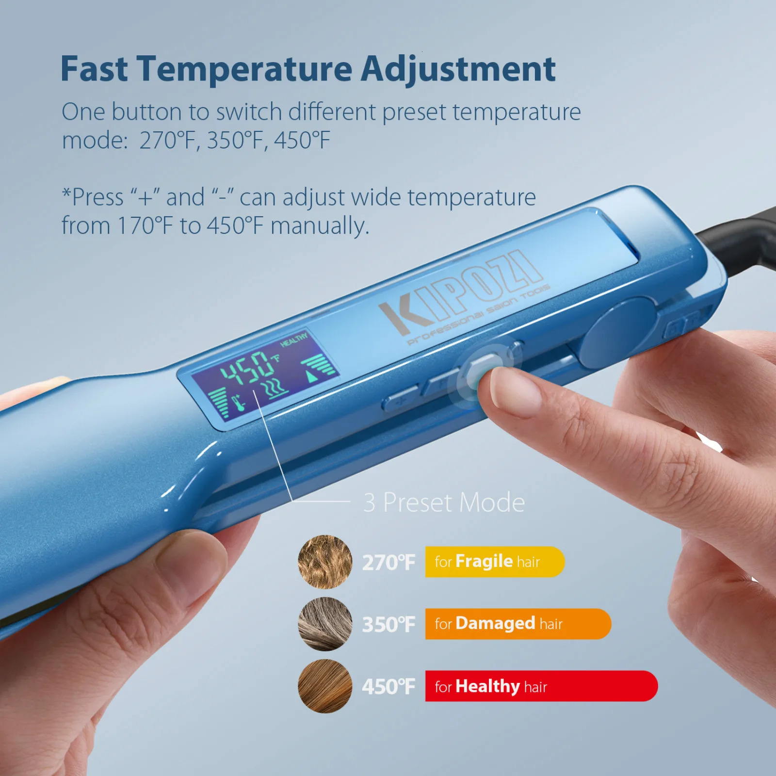 KIPOZI Adjustable Hair Straightener 1.75 Inch Wide Flat Iron Professional Styler LCD Display 30S Fast Heat Dual Voltage 250529