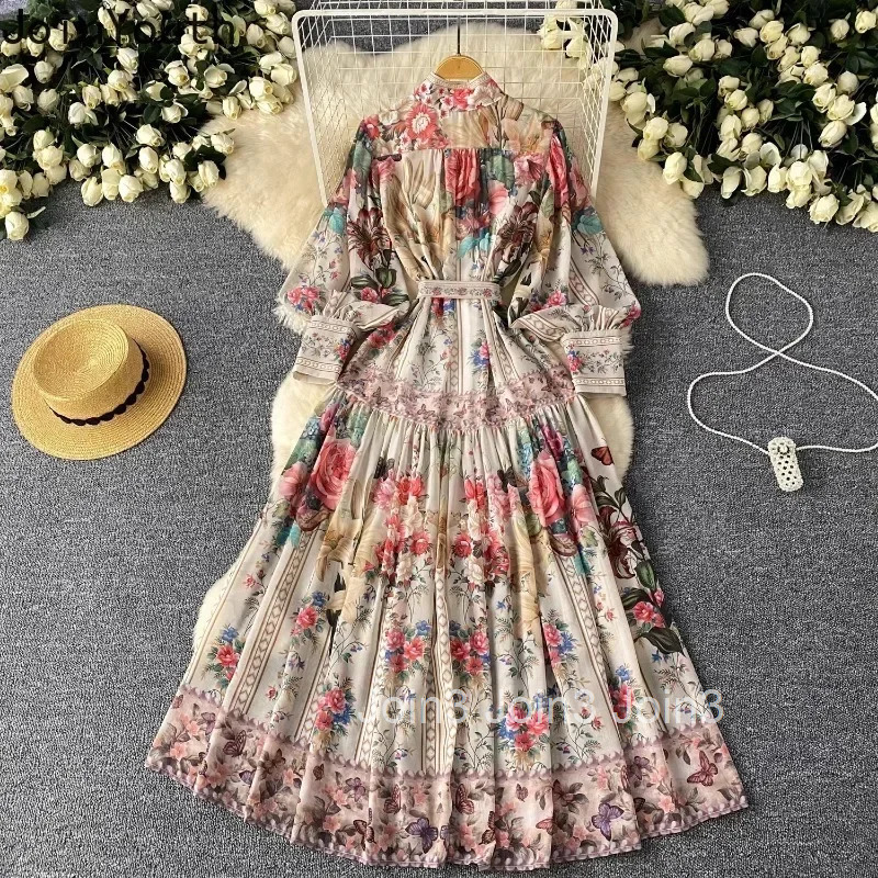 Temperament Robe Femme Vintage Long Dress Floral Big Swing Dresses Bandage Lantern Sleeve Maxi Dress Women Party Vestido
