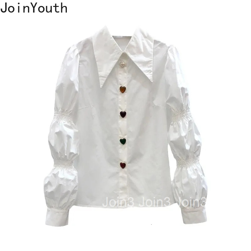 2025 Camisas De Mujer Puff Sleeve Pointed Collar Blouses Women Temperament Ladies Tops Tunic White Shirts Vintage Korean Blouse