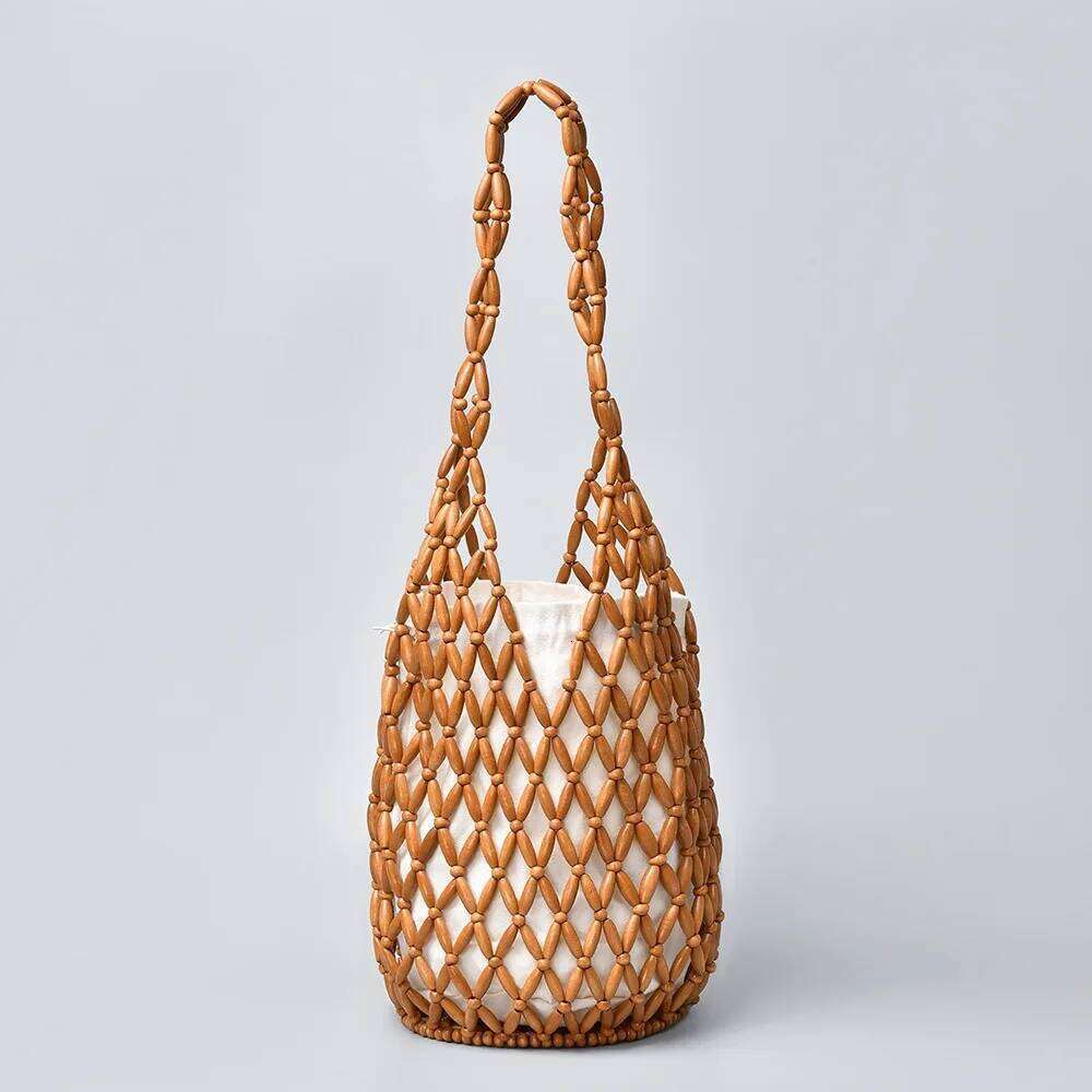 Women Beaded Summer Design Hollow-Out Wooden Bead Tote Bucket Shoulder Bag Female Beach Handbag