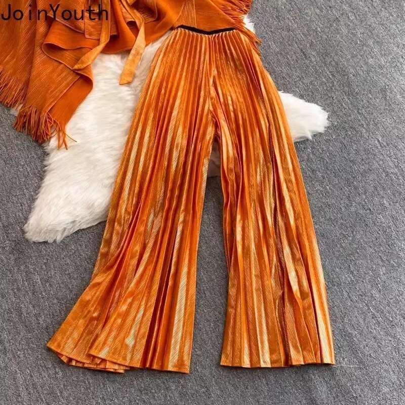 Two Piece Sets Womens Outfits Bandage Tassel Slim Waist Coat High Waist Pleated Wide Leg Pants Suit Roupas Femme Fashion Set