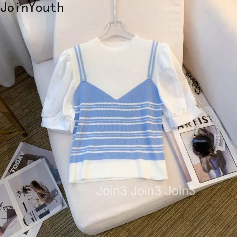 2025 Ropa Mujer Shirts for Women Chic Fake Two Tshirt Patchwork Contrast Color Knitted T Shirts Crop Tops Fashion Summer Tees