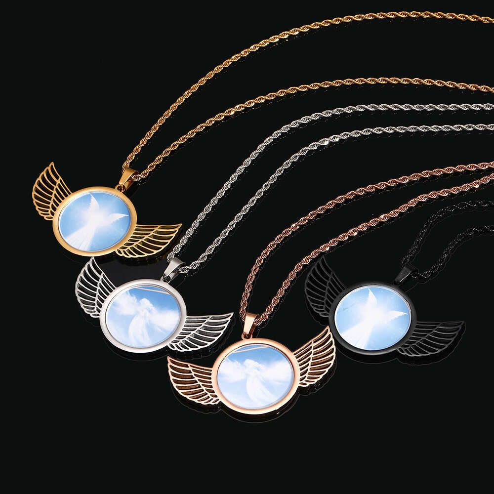 Hip Hop Stainless Steel Photo Pendant DIY Creative Wings Round Frame Men's Necklace Jewelry e310