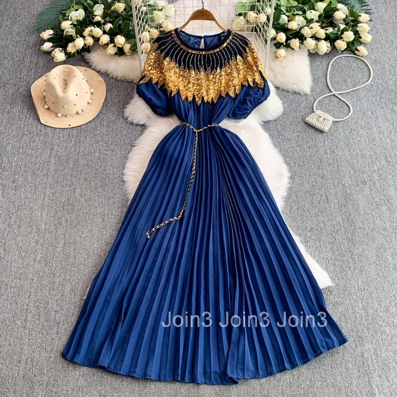 Temperament Robe Femme Heavy Sequin Summer Dresses Women Clothing 2025 Vestidos De Mujer O-neck Short Sleeve Pleated Maxi Dress