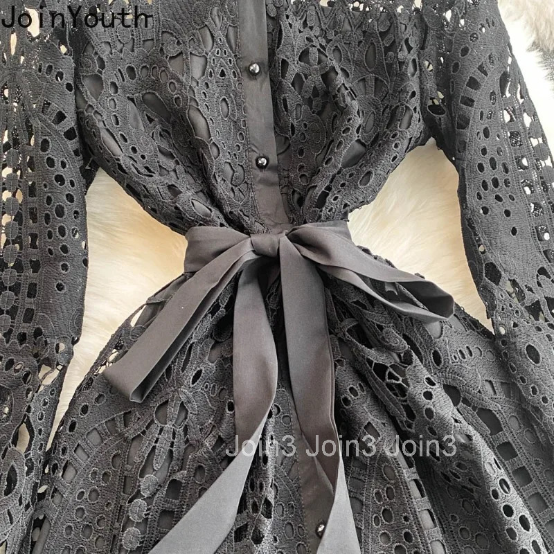 Temperament Robe Femme Vintage Dresses for Women 2025 Vestidos De Mujer Bandage Slim Waist Single Breasted Lace Hollow Out Dress