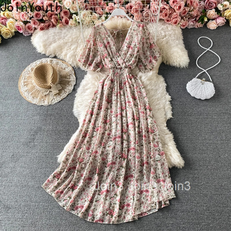 Floral Elegant Dresses for Women V-neck Slim Waist Vintage Robe Femme 2025 Vestidos De Mujer A-line Big Swing Summer Maxi Dress