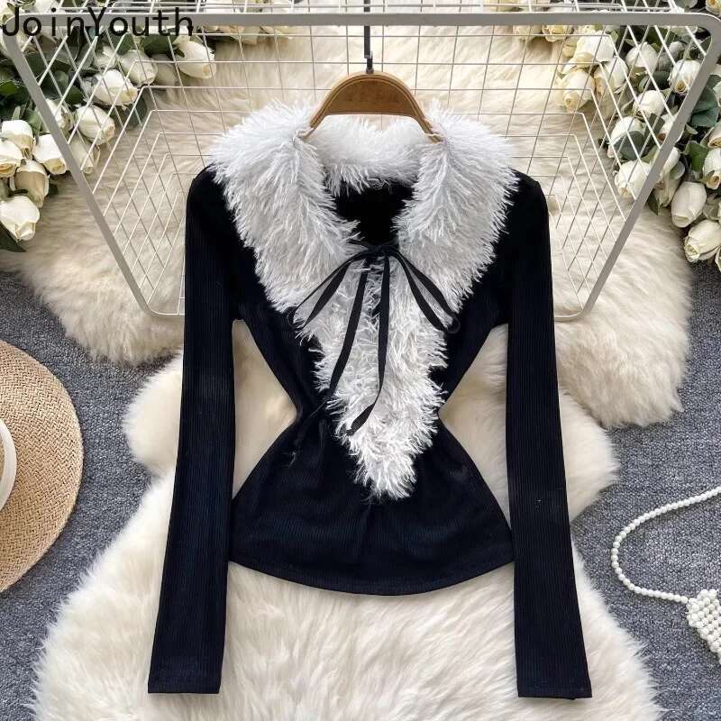 Furry V-neck Tshirts 2025 Women Clothing Tunic Long Sleeve Tees Bandage Solid Color Tees Y2k Tops Korean Fashion Sexy T-shirt