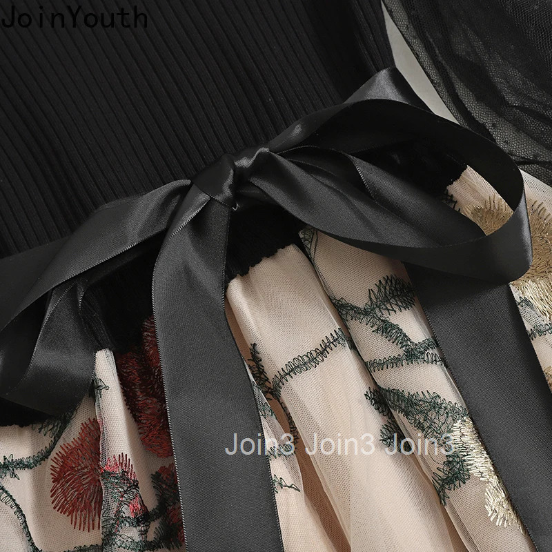 Korean Temperament Robe Femme O-neck Bandage Bow Dresses 2025 Vestidos De Mujer Gauze Embroidery Floral Vintage A-line Dress