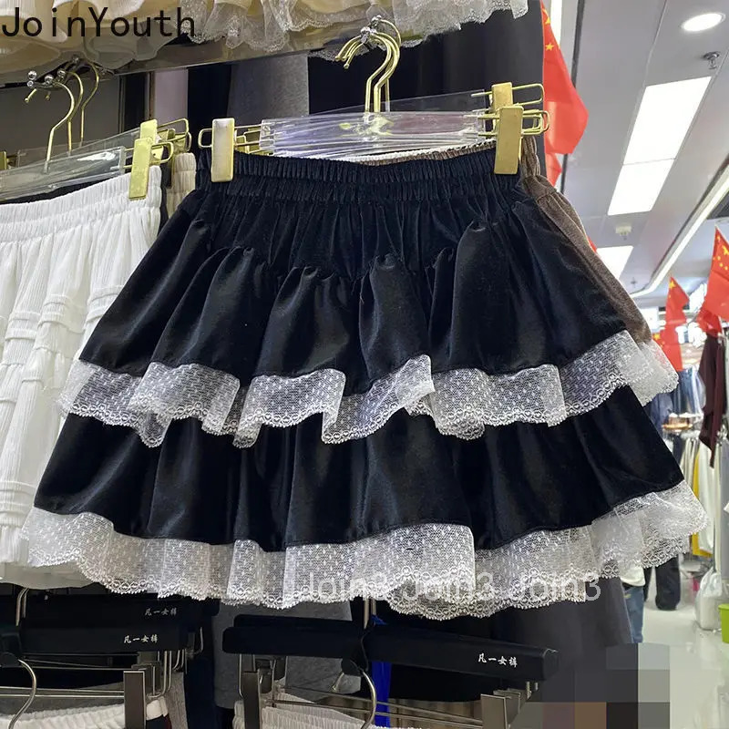 Patchwork Lace Velvet Skirts Women Sweet A-line Jupe 2224 Faldas Mujer De Moda Hig Waist Sweet Saia Lolita Style Cute Mini Skirt