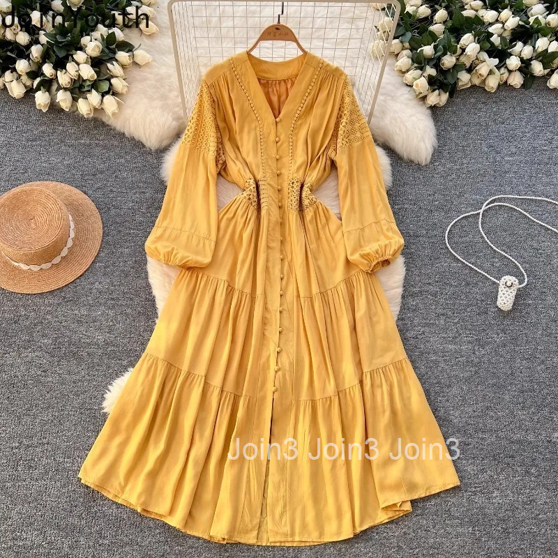 Vintage Dresses Women Clothing V-neck Lantern Sleeve Slim Waist Robe Femme Single Breasted Hollow Out Maxi Dress Vestido Femme