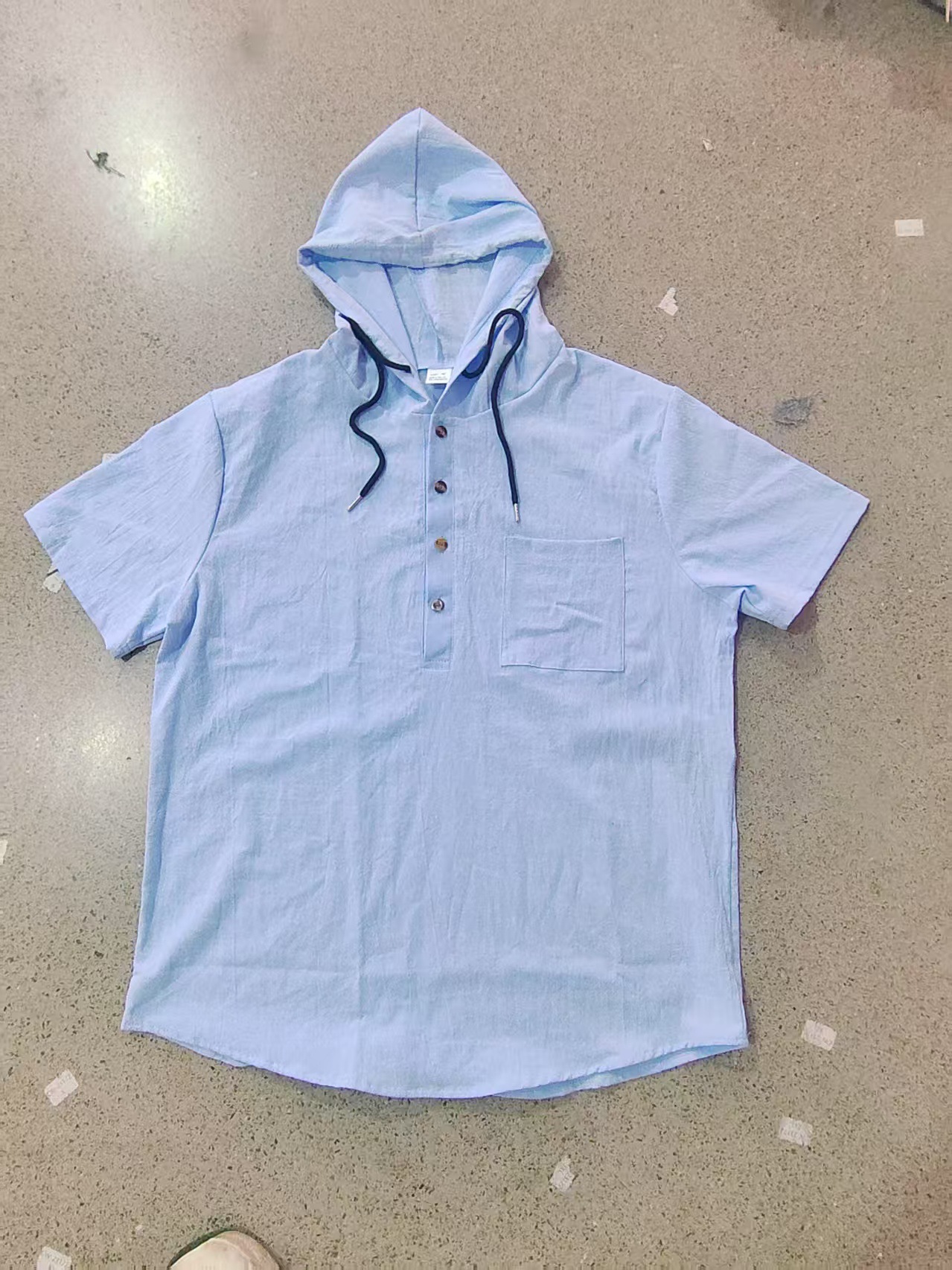 Men's linen shirt, casual short-sleeved simple pullover loose men's hooded Henry short-sleeved T-shirt S-3XL (European Size)