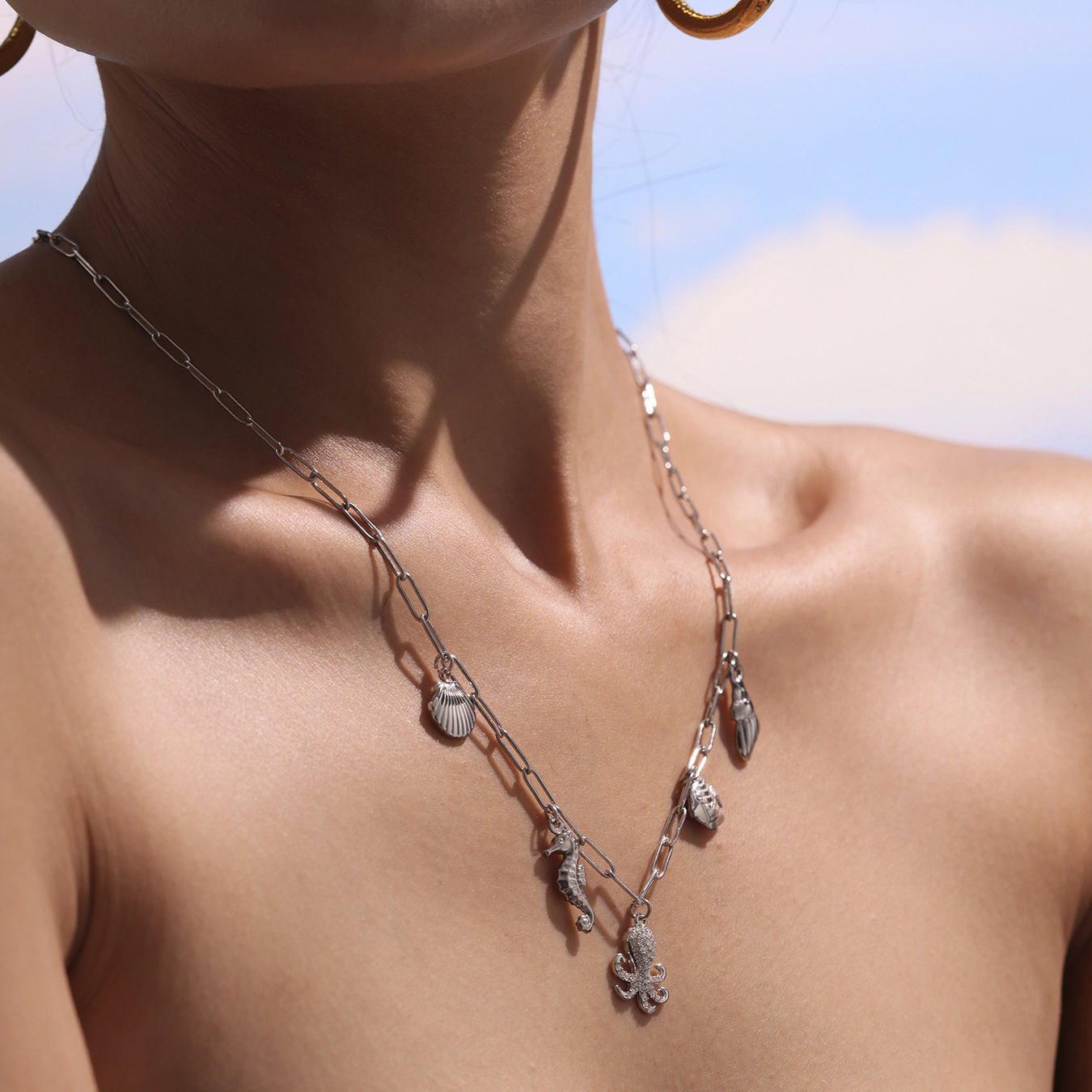 Gold Ocean Charm Necklace, Layered Chain with Octopus, Seahorse & Shell Pendants, Beachy Nautical Jewelry Layered Chain