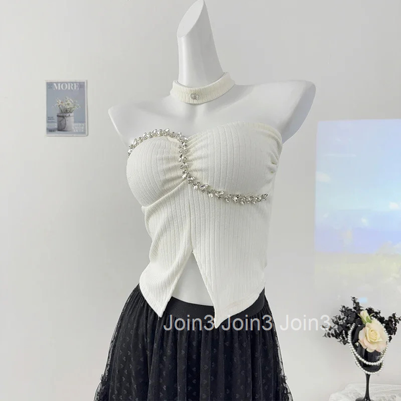 Sexy Vest Women Clothing Heavy Diamond Slim Fit Split Camis 2025 Ropa Mujer Temperament Crop Tops Backless Fashion Y2k Tanks