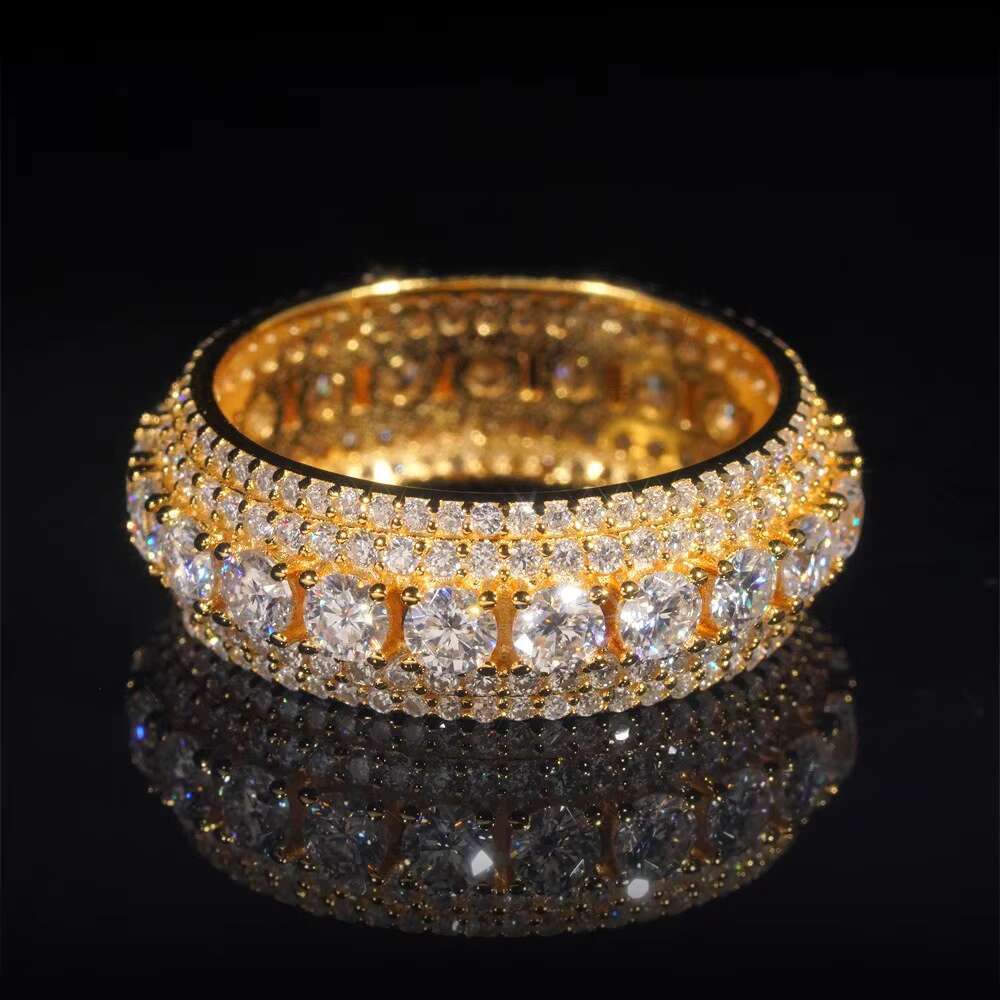 Hip Hop Engagement 925 Silver Gold Plated 5 Rows VVS Moissanite Diamond Eternity Size 8 Wedding Ring
