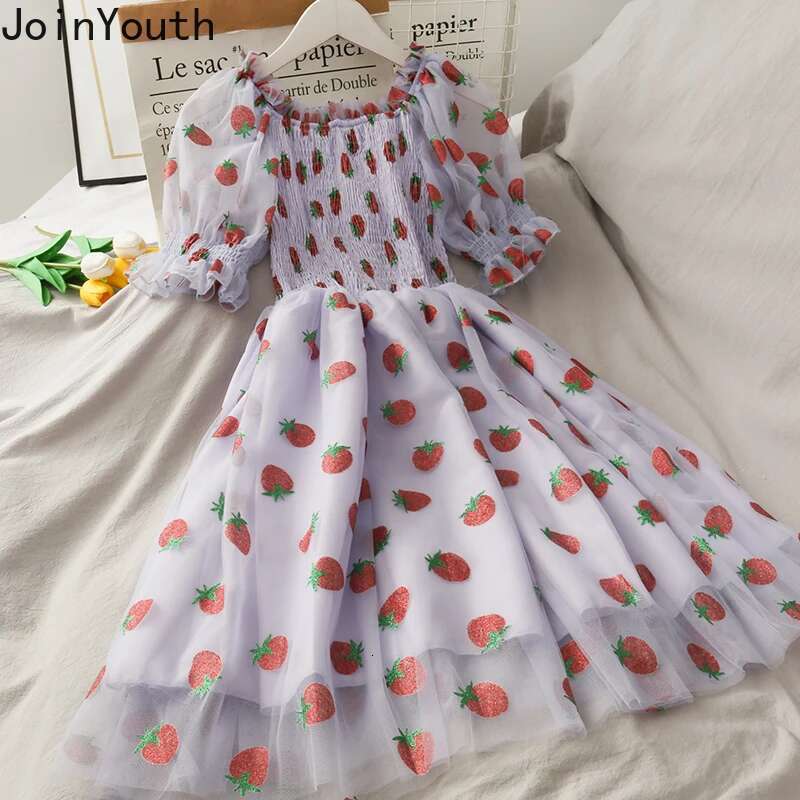 Joinyouth 2025 Summer Dress Women Strawberry Dresses Korean Sequined Gauze Vestidos Slash Neck Ruffles Robe Fashion Party Dress