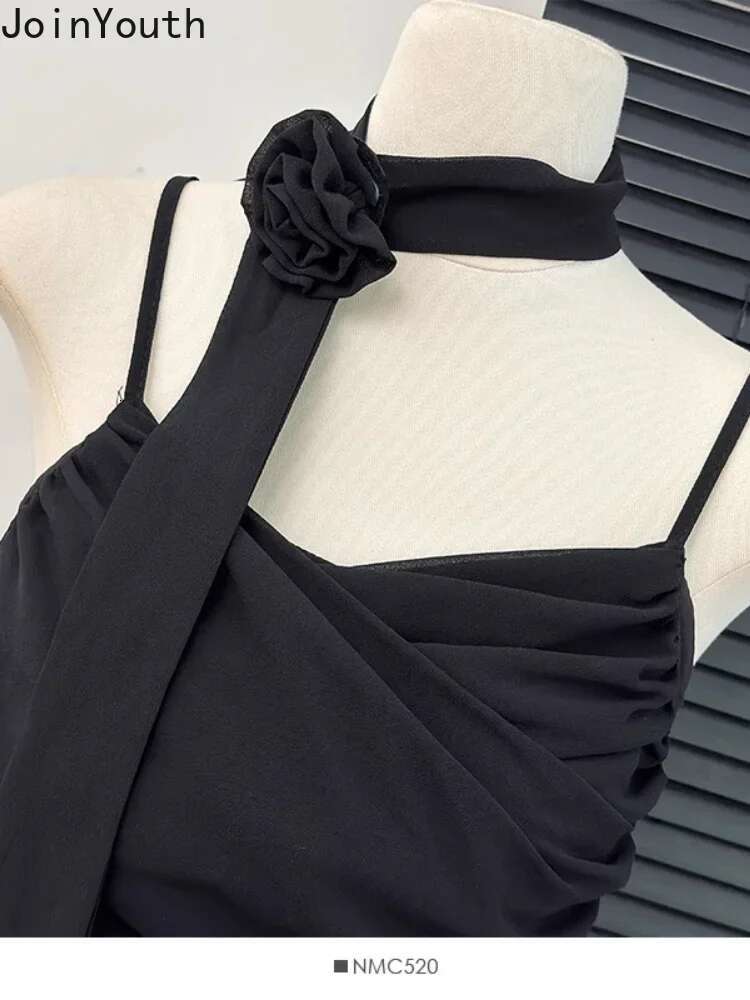Temperament Lady Tops Sexy Vest Korean Fashion Clothing 3D Floral Bandage Tunic Camis Crop Tops Irregular Folds Summer Tanks