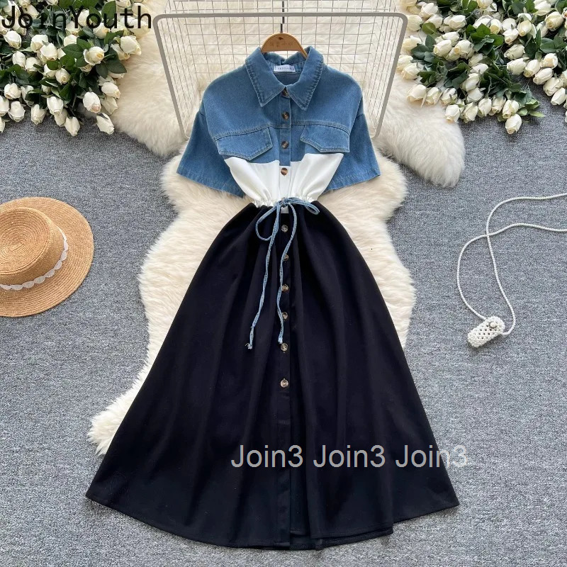 Contrast Color Woman Dress Fake Two Chic Robe Femme 2025 Vestidos De Mujer Patchwork Denim Chic Casual Slim Waist Summer Dress