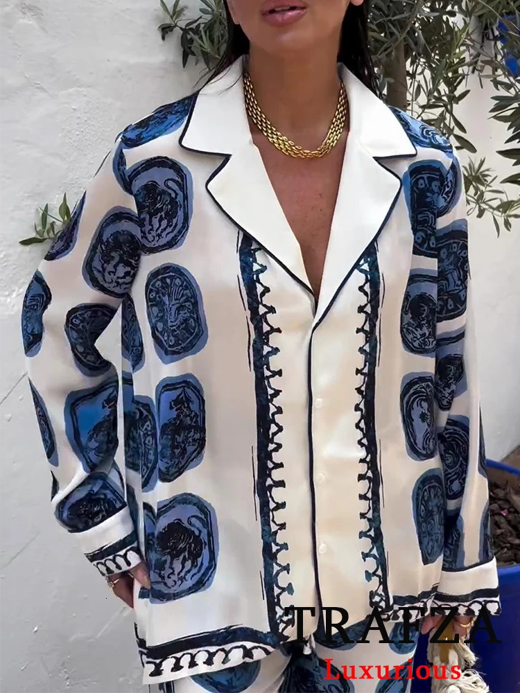 TRAFZA Vintage Casual Print Women Suit Single Breasted V Neck ShirtsLoose Wide Leg Long Pants Fashion Autumn Women Sets 250617