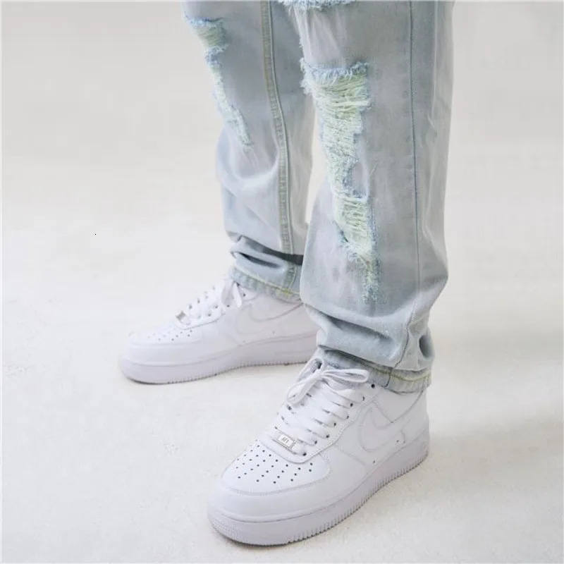 Distressed Trendy Street Ripped Light Blue Jeans Men Slim Fit Hip-hop Korean Style Pants Casual Summer Washed Denim Jeans 250617
