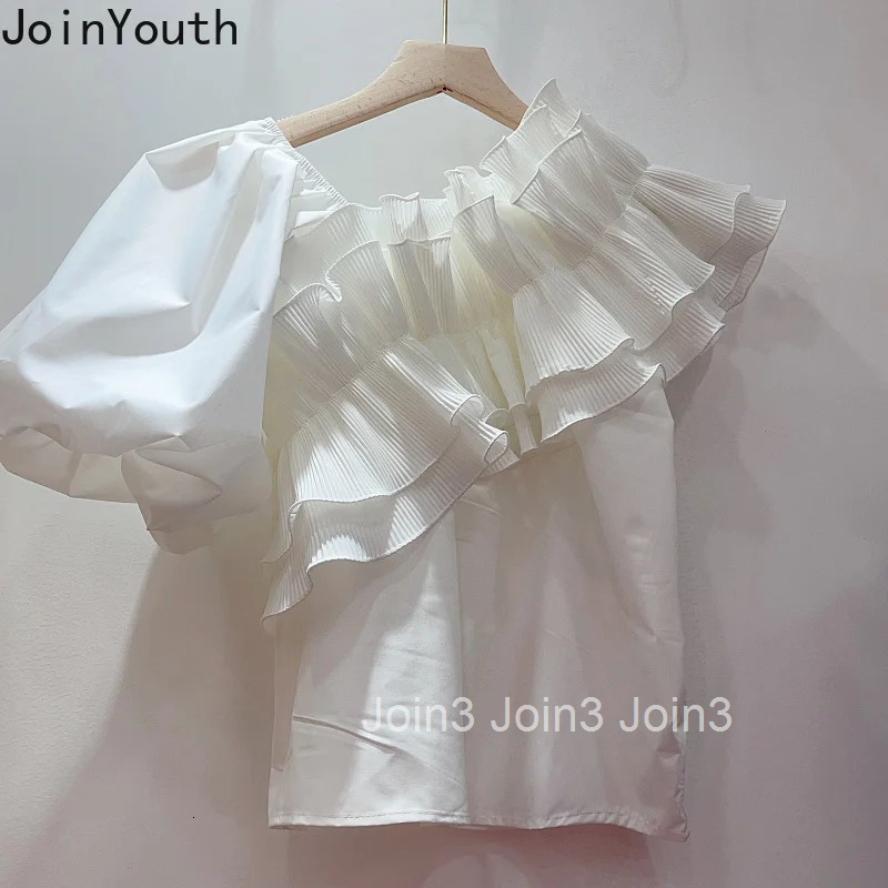 Temperament Lady Tops Chic Summer Blouses Women Clothing 2025 Camisas De Mujer Ruffles Irregular Ruffles Skew Neck White Shirts