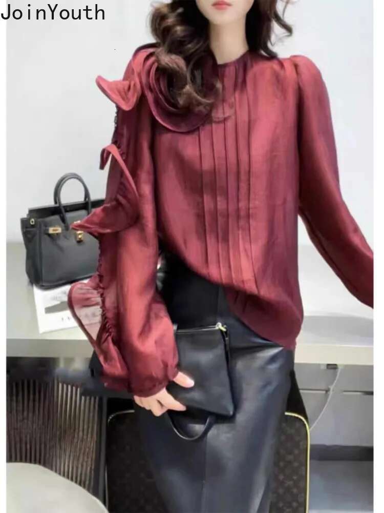2025 Camisas De Mujer Chic Blouses for Women Temperament Lady Tops Solid Color 3D Floral Shirts Fashion Summer Vintage Blouse