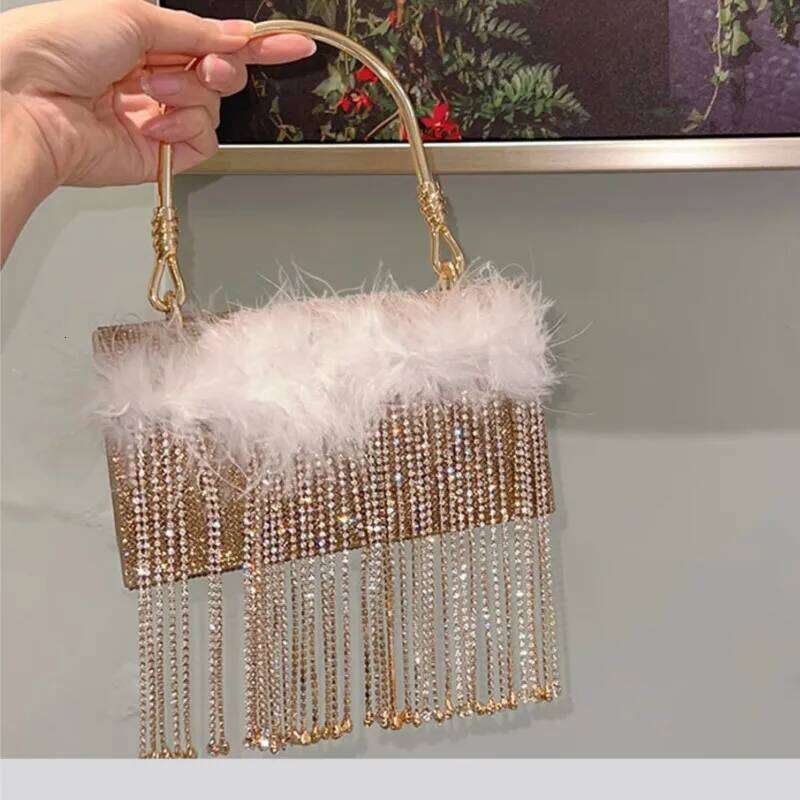 Designer Bag Rhinestone Evening Purses For Women Tassel Ostrich Feather Shiny Dinner Party Wedding Handbag Bucket Shoulder Bag