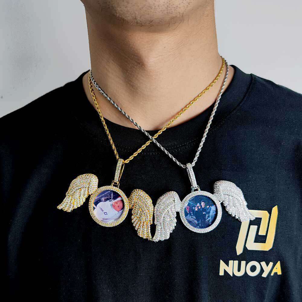 Large Wings Round Photo Pendant Micro Paved Zircon Personality Memory Frame Angel Necklace 7f55