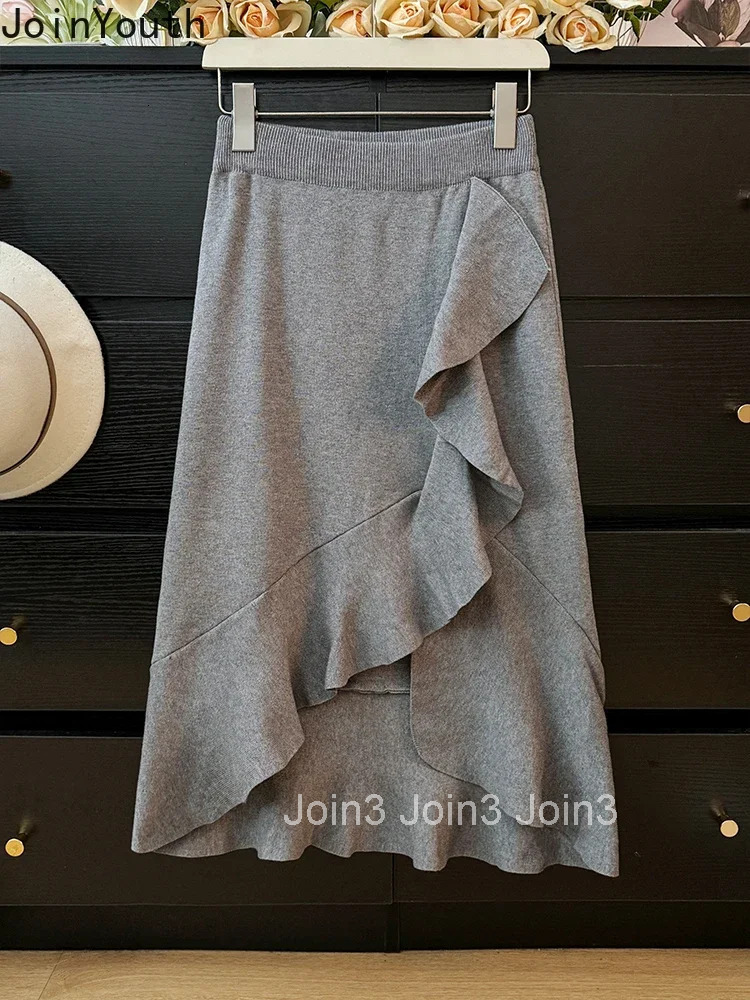 Knitted Women Skirts Vintage Korean Saia High Waist Bodycon Split Jupe 2025 Faldas Mujer De Moda Ruffles Tunic Irregular Skirt
