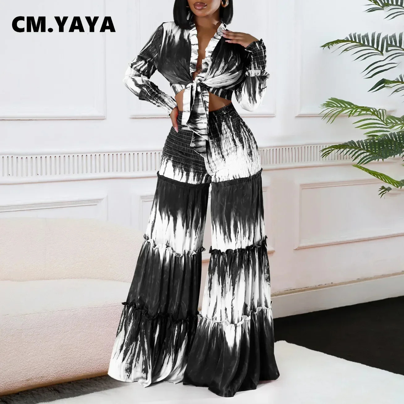 CM.YAYA Womens Set Gradient Printed Tie Up Long Sleeve Shirt wide Leg Pants Fall Street Two 2 Piece Set Outfits Tracksuit 250617