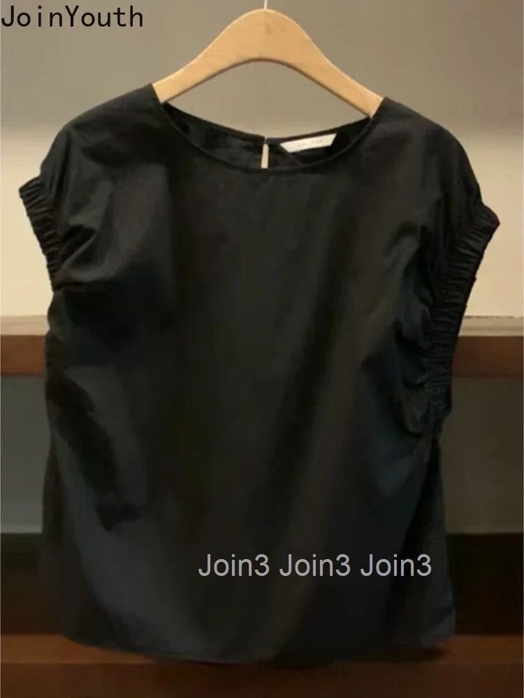 Black Womens Shirt Slim Waist O-neck Sleeveless Blouses Camisas De Mujer Summer Temperament Tops Vintage Folds Korean Blouse