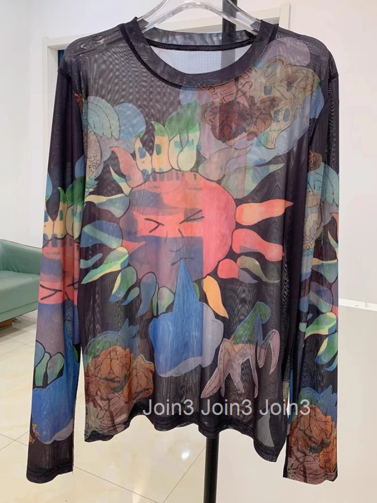 Fashion Woman Tshirts Y2k Tops 2025 Ropa Mujer Sexy Gauze Print Camisetas Long Sleeve See Through T-shirt Casual Summer Tees