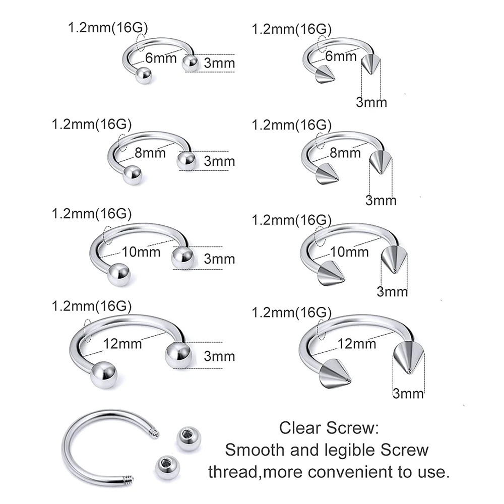 4Pcs32pcs 16G Septum Nose Rings Stainless Steel Hoop Horseshoe Piercing Jewelry Tragus Cartilage Earrings for Women Men 612mm 250613